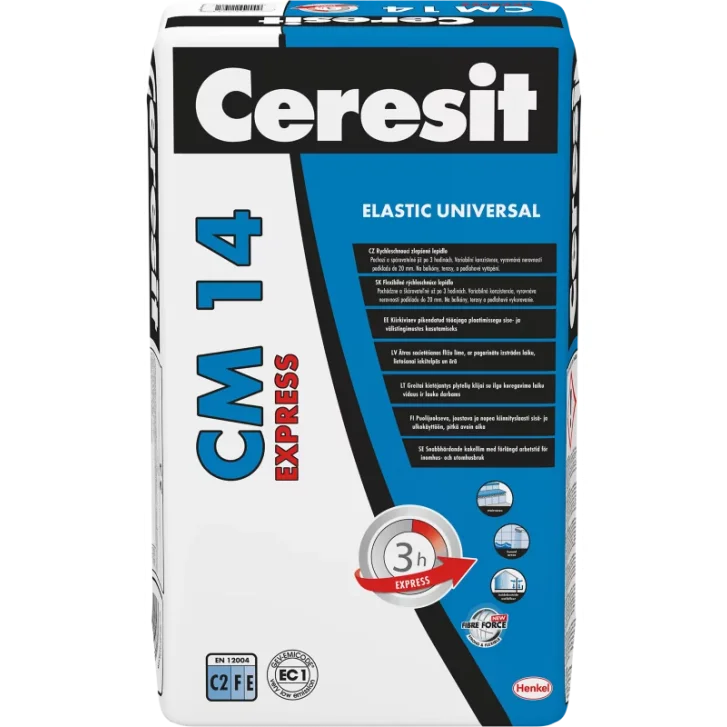 CERESIT CM 14 EXPRESS - Rýchlotvrdnúce cementové lepidlo na rýchle lepenie obkladov a dlažby v interiéri a exteriéri 25kg