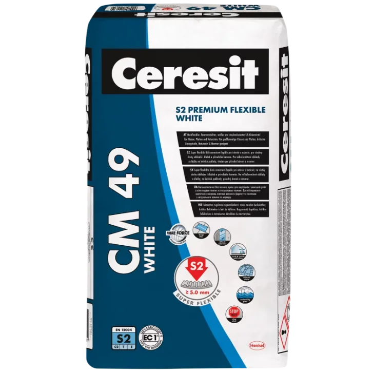 CERESIT CM 49 S2 PREMIUM FLEXIBLE - Vysoko flexibilné biele lepidlo na veľmi náročné lepenie keramických obkladov a dlažieb 20kg